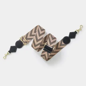 Adjustable wide bag strap replacement with chevron pattern, black leather ends and gold hardware.