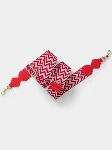 Red white woven adjustable wide bag strap with gold hardware replacement crossbody strap.