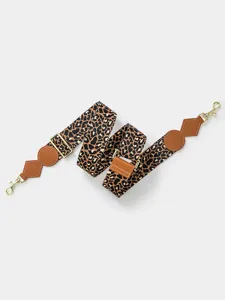 Adjustable leopard print wide bag strap, stylish crossbody replacement strap with gold hardware.