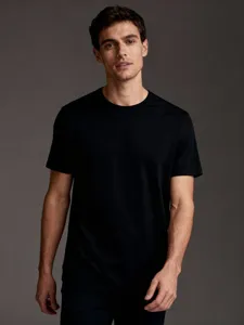 Men's solid black short sleeve t-shirt, classic casual crew neck basic top detail view.