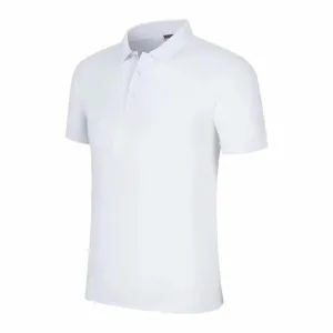 White polo shirt detail showcasing the classic lapel collar, short sleeves and front button placket.