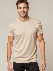 Men casual solid color short sleeve crew neck t-shirt worn on model closeup view details