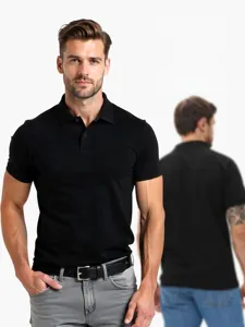 Detailed view of the classic black men polo shirt showcasing front and back fit design.
