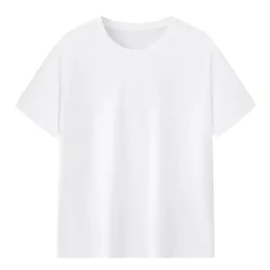 Vista ravvicinata della t-shirt bianca a maniche corte in cotone con classico scollo tondo.