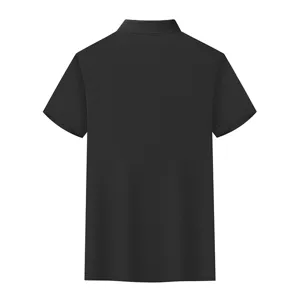 Men's solid black short sleeve polo shirt, classic turn-down collar, casual summer back view style.