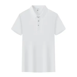 Men's white short-sleeve polo shirt with lapel collar and button placket for casual summer wear.