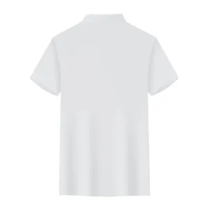 Detailed back view of a classic plain white short-sleeve polo shirt showing clean collar construction.