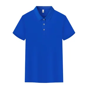 Close-up detail of blue polo shirt collar and button placket, breathable fabric texture.