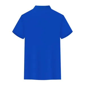 Detail view of the back of a solid royal blue men's short sleeve polo shirt for summer.