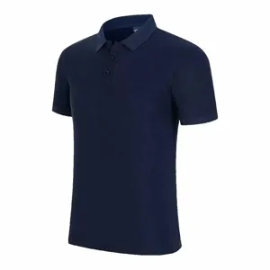 Detailed view of the navy blue short sleeve polo shirt collar and buttons close up.
