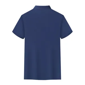 Back view detail of men's short sleeve polo shirt, breathable solid blue fabric and collar.