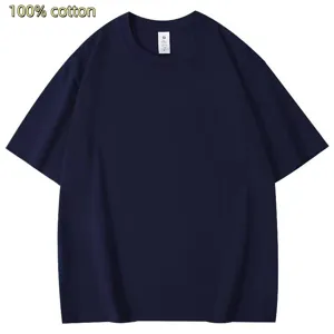 Gedetailleerd overzicht van het effen donkerblauwe katoenen korte mouwen t-shirt.