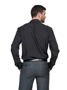 Back detail view of men's black long sleeve dress shirt paired with grey plaid trousers.