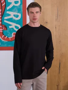 Herren Basic Einfarbig Langarm Baumwoll T-Shirt Atmungsaktiv Rundhals Casual Top Bedrucktes Feuchtigkeitstransport Tee