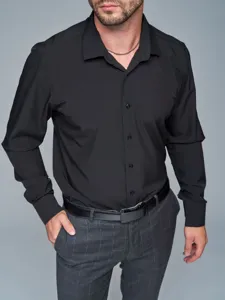 Close up view showing the fine fabric texture and button details of the black business shirt.
