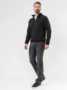 Men's stretch slim straight jeans in washed dark grey, comfortable casual denim pants.
