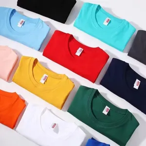 Close-up detail of colorful heavyweight cotton t-shirts neatly folded and displayed.