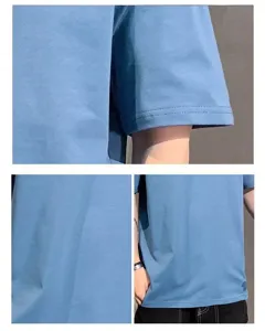 Detail view of 200g heavy cotton short sleeve t-shirt, smooth fabric texture and neat stitching.