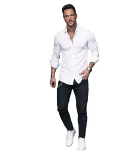 Detail view of the men's long-sleeve button-up shirt features clean stitching and premium fabric.