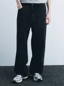 Men's Casual Loose Straight Leg Jeans Cotton Washed Black Denim Pants Urban Fashion Wide Leg Trousers For Men Everyday Wear