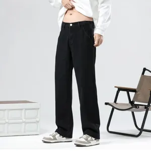 Men's casual loose straight leg black denim jeans, comfortable fit, perfect for daily wear.