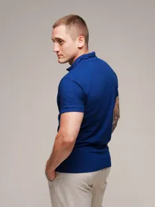 Men's casual blue short sleeve polo shirt detail view showing fabric fit and collar