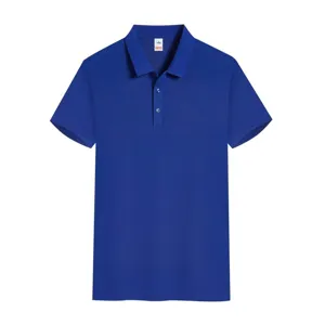Royal blue polo shirt detail, classic collar, breathable short sleeves, casual wear.