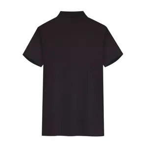 Back detail shot of plain black short sleeve polo shirt classic turn down collar fabric view