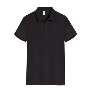 Close-up detail of the black short sleeve polo shirt collar, buttons and breathable fabric.