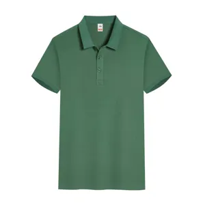 Green polo shirt detail showcasing classic lapel collar, button placket and short sleeves.