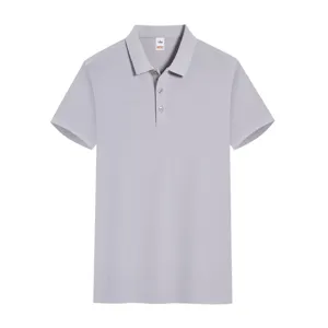 Men's casual short sleeve polo shirt in solid gray color with classic lapel and button design.