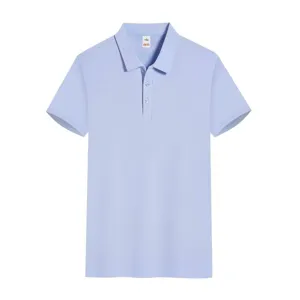 Close-up detail of light blue short-sleeve polo shirt fabric, collar and button placket.