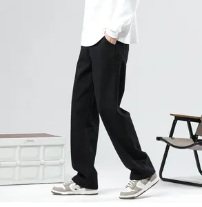Men black loose straight fit casual denim jeans trousers streetwear stylish classic versatile daily wear