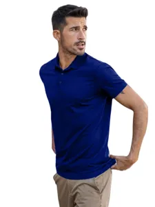 Detailed shot of men's breathable short sleeve polo shirt in dark blue model fit.