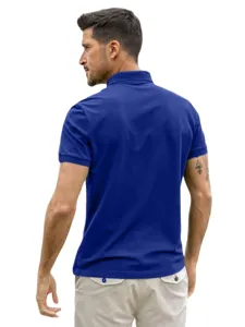 Back view detail of a men's royal blue short sleeve polo shirt worn with light shorts.