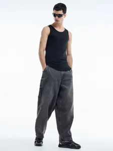 Detailed view of the 230GSM men's black cotton ribbed vest, stylish and comfortable casual wear.