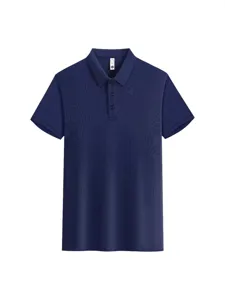 Men's short sleeve navy blue polo shirt casual summer breathable top front button casual wear