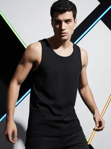 Premium 230GSM men's cotton tank top, classic black casual sleeveless vest for daily wear.