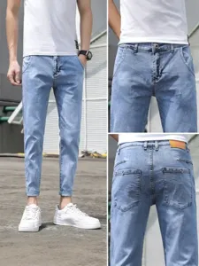 Men's Slim Fit Stretch Cropped Jeans Thin Summer Denim Pants Light Blue Tapered Casual Ankle Length Trousers For Youth