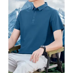 Detail view of men's summer short-sleeve cooling polo shirt in classic dark blue shade.