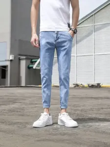 Men's Light Blue Cropped Slim Fit Stretch Skinny Casual Denim Jeans For Summer Wear