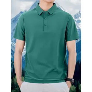 Green summer polo shirt detail showing breathable fabric, classic collar and comfortable fit.