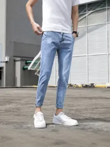 Men's light wash cropped slim fit denim jeans summer casual ankle length trousers
