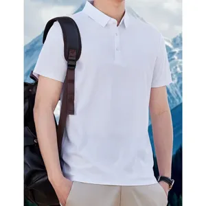 Detail view of men's summer ice-silk seamless polo shirt in white, short sleeve design.