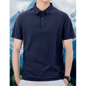 Detail view of men's summer short sleeve navy blue polo shirt collar texture close up.