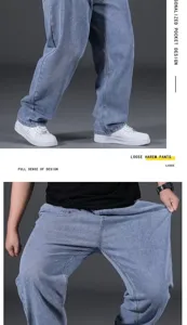 Men's loose fit light wash denim jeans trousers casual streetwear stylish pocket design.