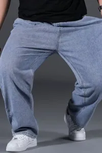 Men light blue loose fit straight leg stretch oversized denim jeans detailed shot