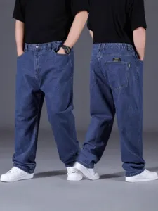 Men's loose straight leg denim jeans casual vintage blue trousers oversize fashion streetwear style.