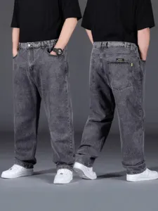 Men loose fit washed denim jeans casual straight leg vintage grey streetwear trousers