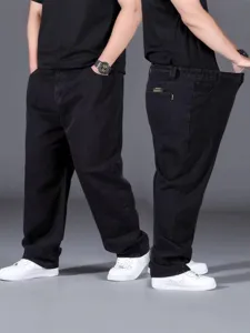 Men's loose fit black denim jeans, stretch straight leg casual trousers, oversize streetwear.